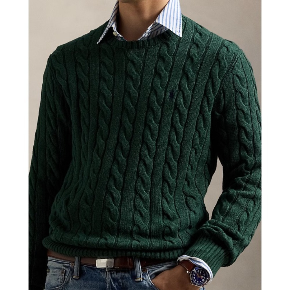 Polo Ralph Lauren Mens Cable Knit Cotton Sweater Green Purple Pony Large NWT NEW - Picture 3 of 5
